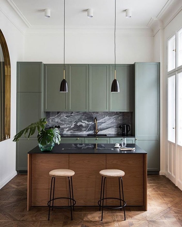 11. Sage Green Scandinavian Kitchen with Walnut Island - elegant kitchen ideas