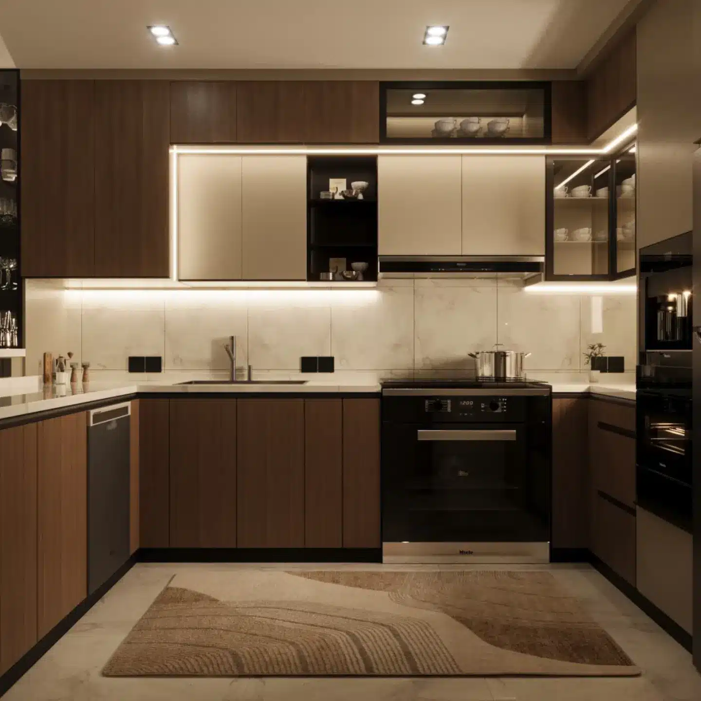 14. Walnut and Cream Modern Kitchen with Ambient Lighting - elegant kitchen ideas