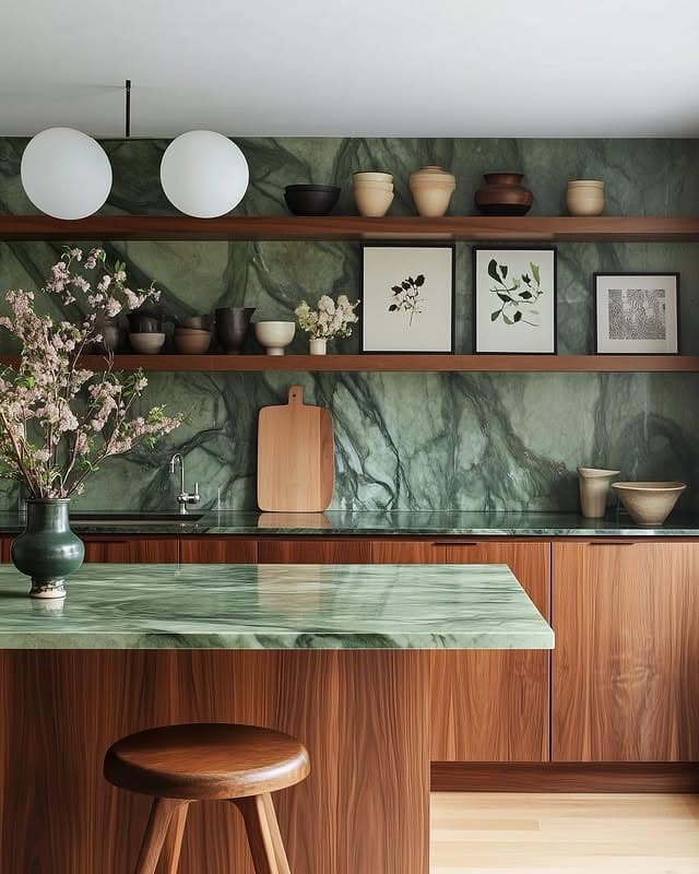 16. Green Marble Statement Kitchen with Natural Wood Cabinetry - elegant kitchen ideas