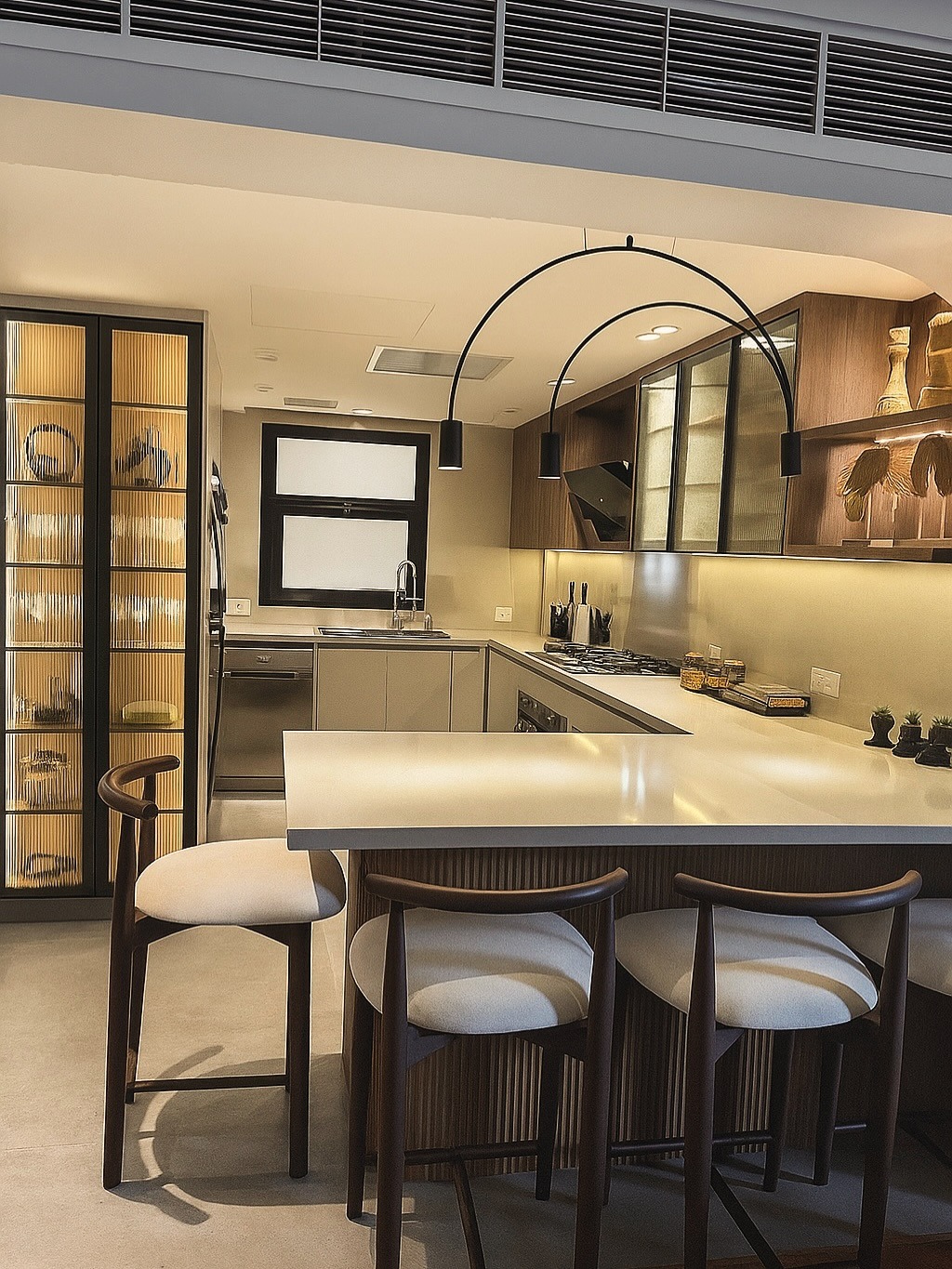 21. Warm Walnut and Beige Contemporary Kitchen with Sculptural Lighting - elegant kitchen ideas