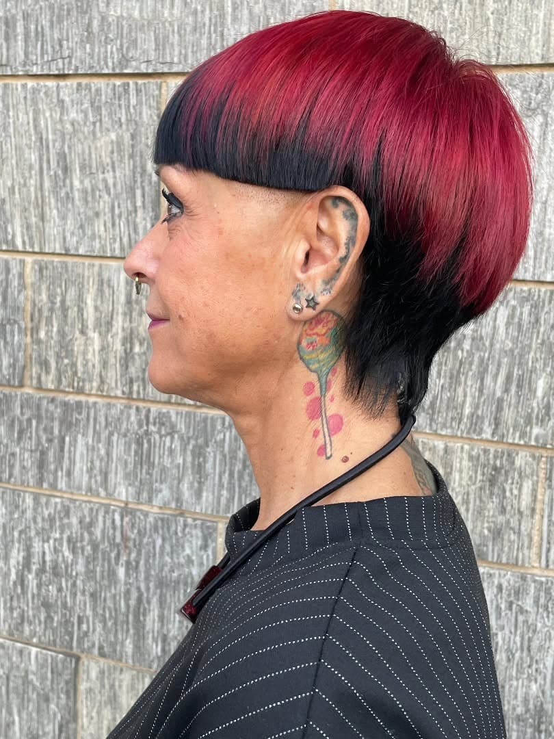 22. Crimson Red Bowl Undercut Pixie Mullet - Undercut Pixie Haircut