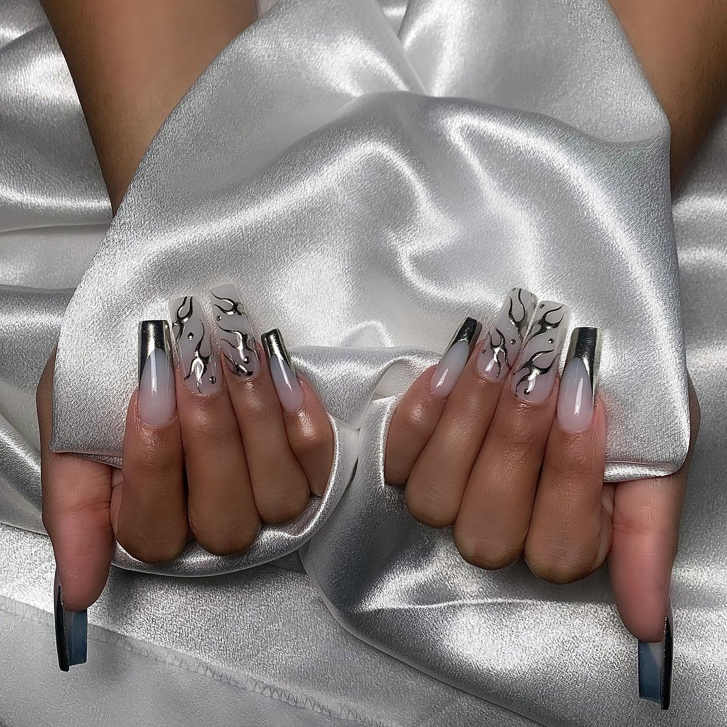 6. Silver Chrome French Tip Square Nails with Abstract Art - silver nail ideas