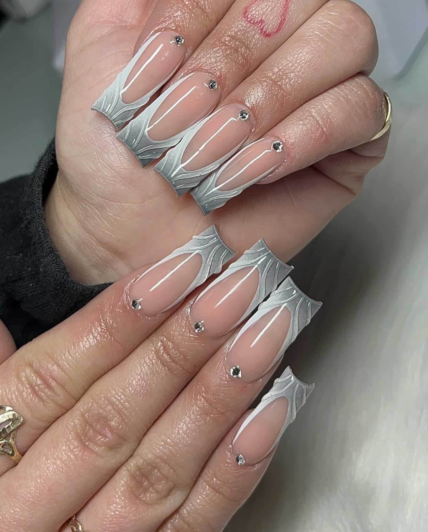 7. Gray 3D French Coffin Nails with Crystal Accents - silver nail ideas