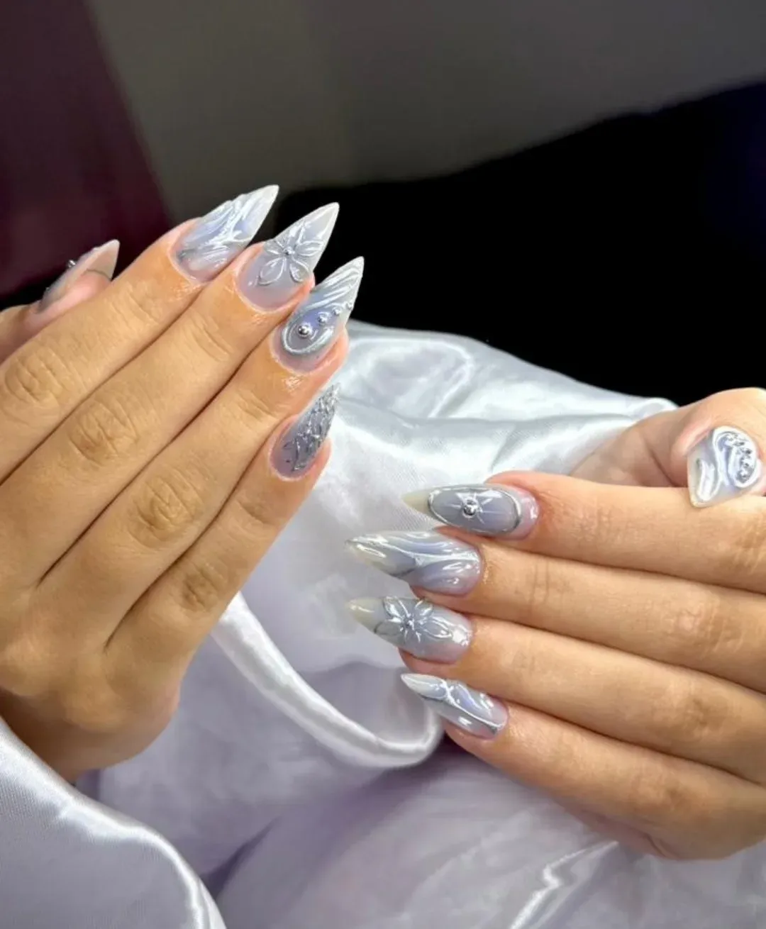 17. Pearl Gray Floral Stiletto Nails with 3D Details - silver nail ideas