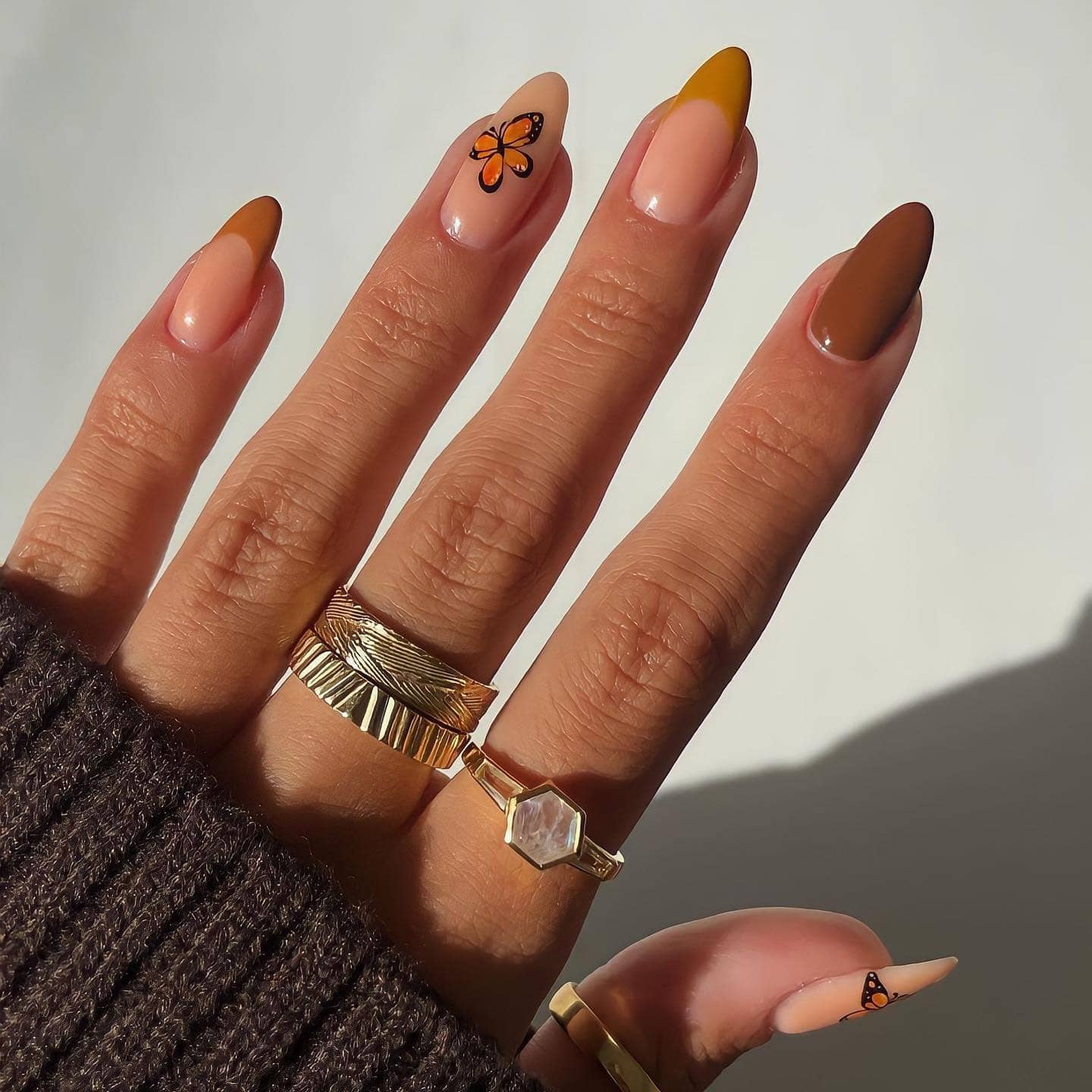 1. Matte Mustard French Almond Nails with Butterfly Accent - simple fall nail ideas