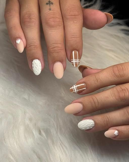 11. Neutral Sweater Almond Nails with Brown Plaid Accent - simple fall nail ideas
