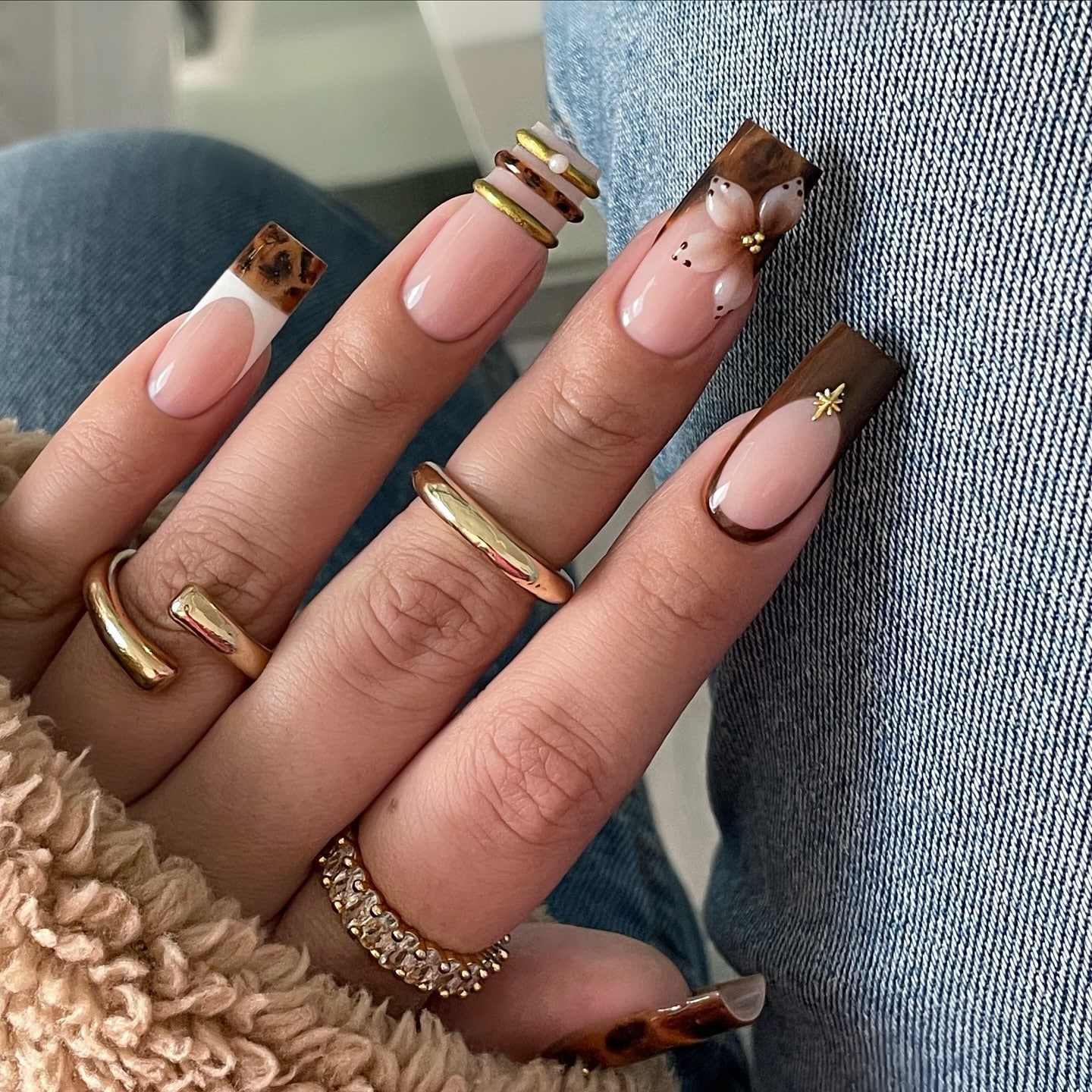 12. Tortoiseshell French Square Nails with Brown Accents - simple fall nail ideas