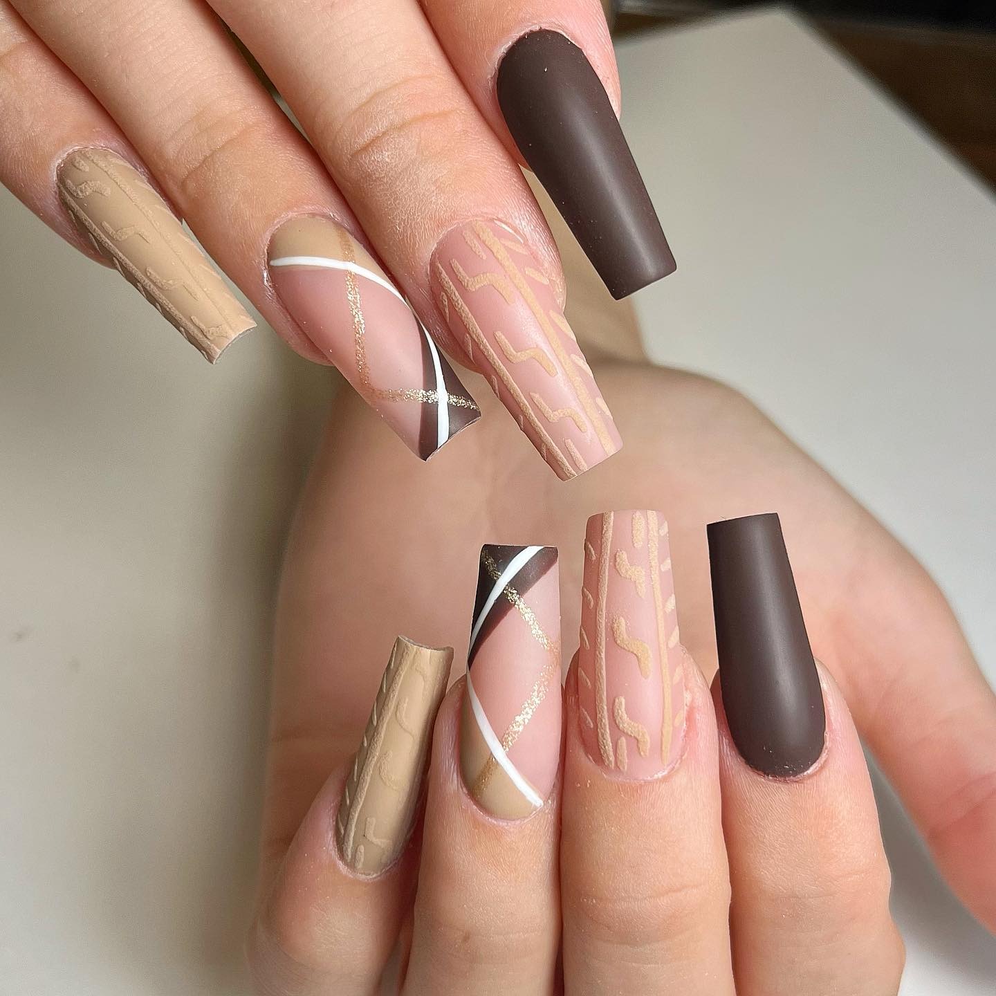 13. Matte Chocolate and Beige Coffin Nails with Sweater Texture - simple fall nail ideas