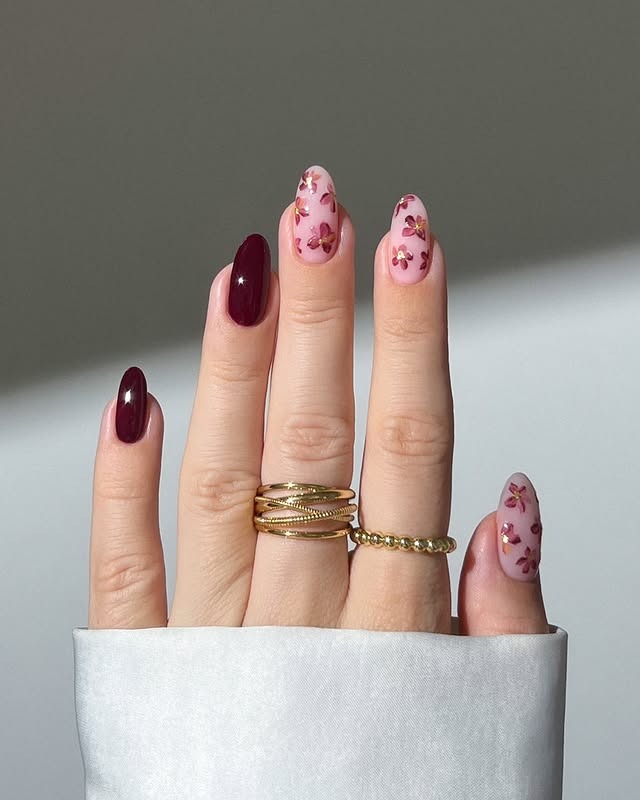 15. Burgundy Floral Almond Nails - simple fall nail ideas