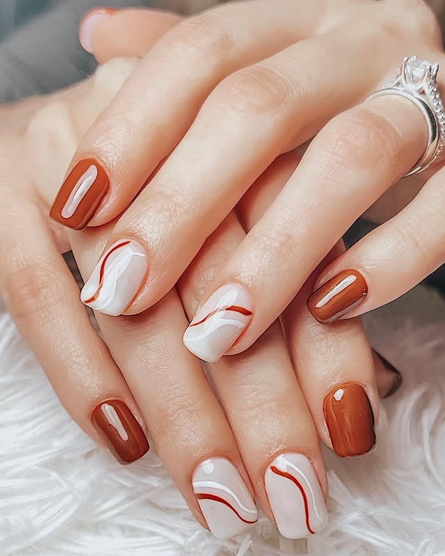 16. Rust Brown and White Abstract Short Square Nails - simple fall nail ideas