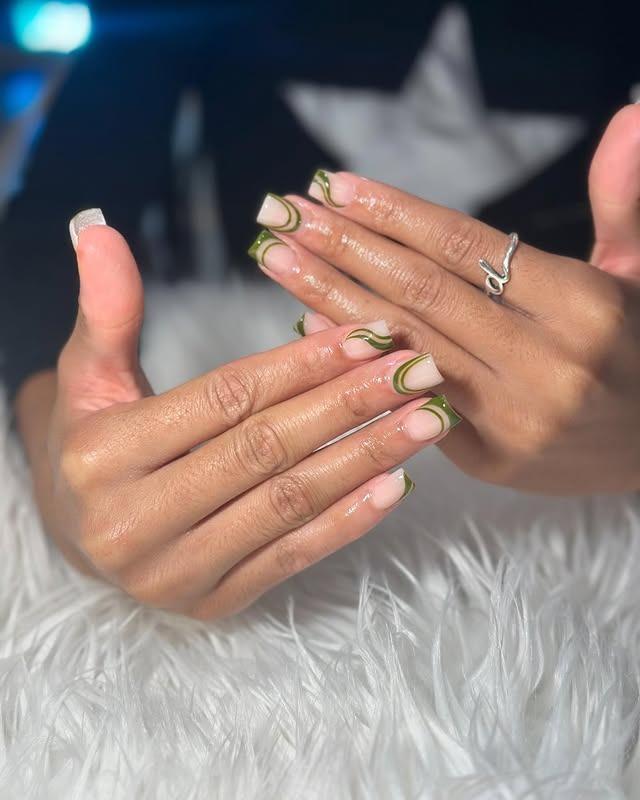 17. Olive Green French Square Nails with Double Swirls - simple fall nail ideas