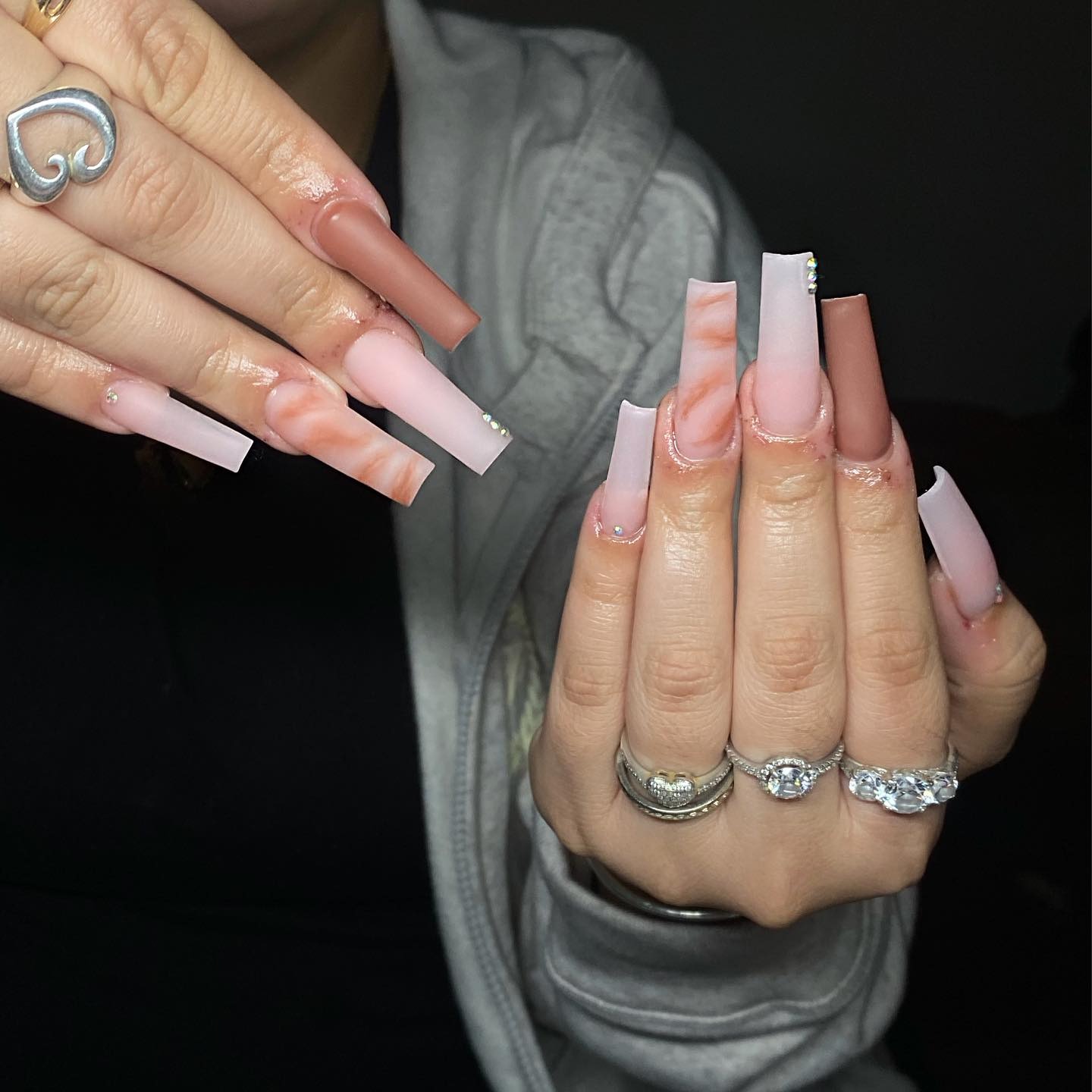 19. Matte Mauve and Mocha Coffin Nails with Marble Accent - simple fall nail ideas