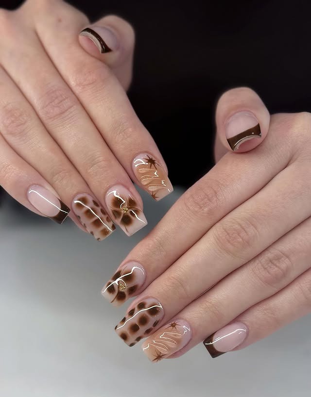 22. Brown French Square Nails with Abstract Tortoiseshell Art - simple fall nail ideas