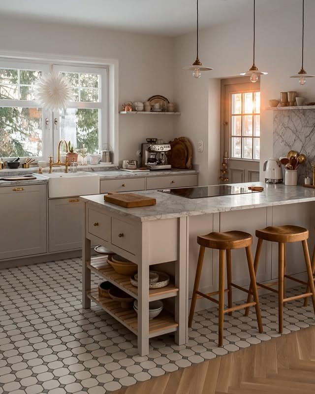2. Soft White and Marble Kitchen with Warm Brass Details - simple kitchen ideas