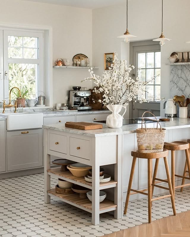 8. Elegant Neutral Kitchen with Marble Surfaces and Brass Fixtures - simple kitchen ideas