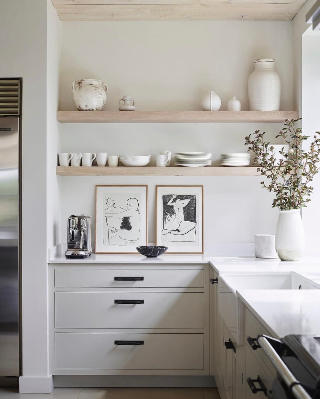 13. Scandinavian White Kitchen with Light Wood Open Shelving - simple kitchen ideas