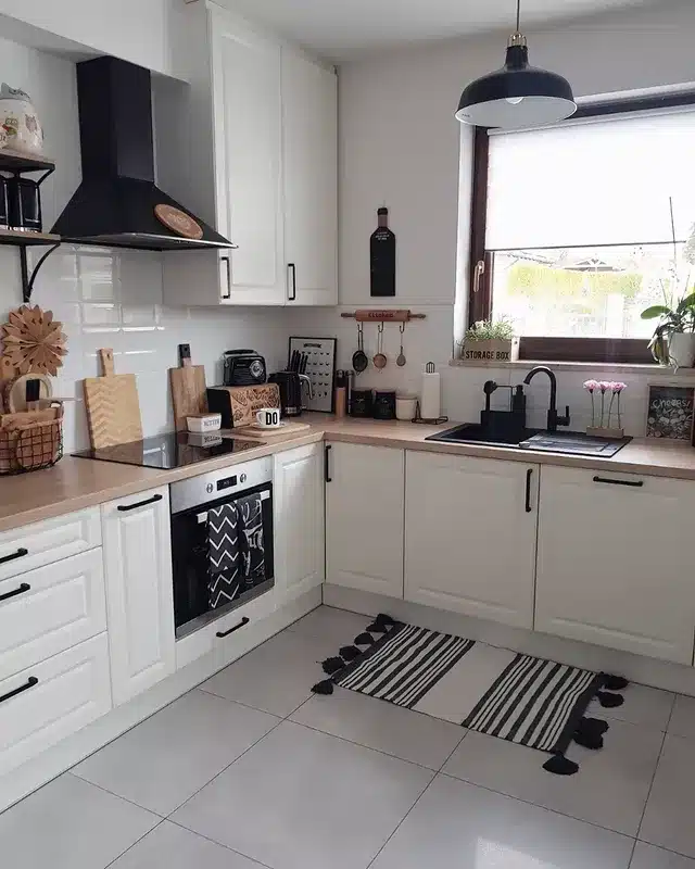 20. White and Wood Corner Kitchen with Black Accents - simple kitchen ideas