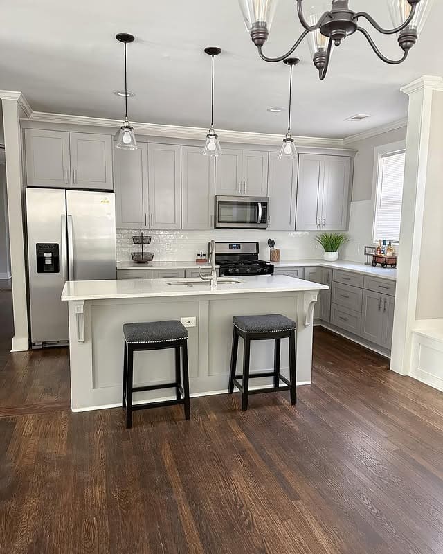 22. Classic Gray and White Kitchen with Dark Wood Floors - simple kitchen ideas