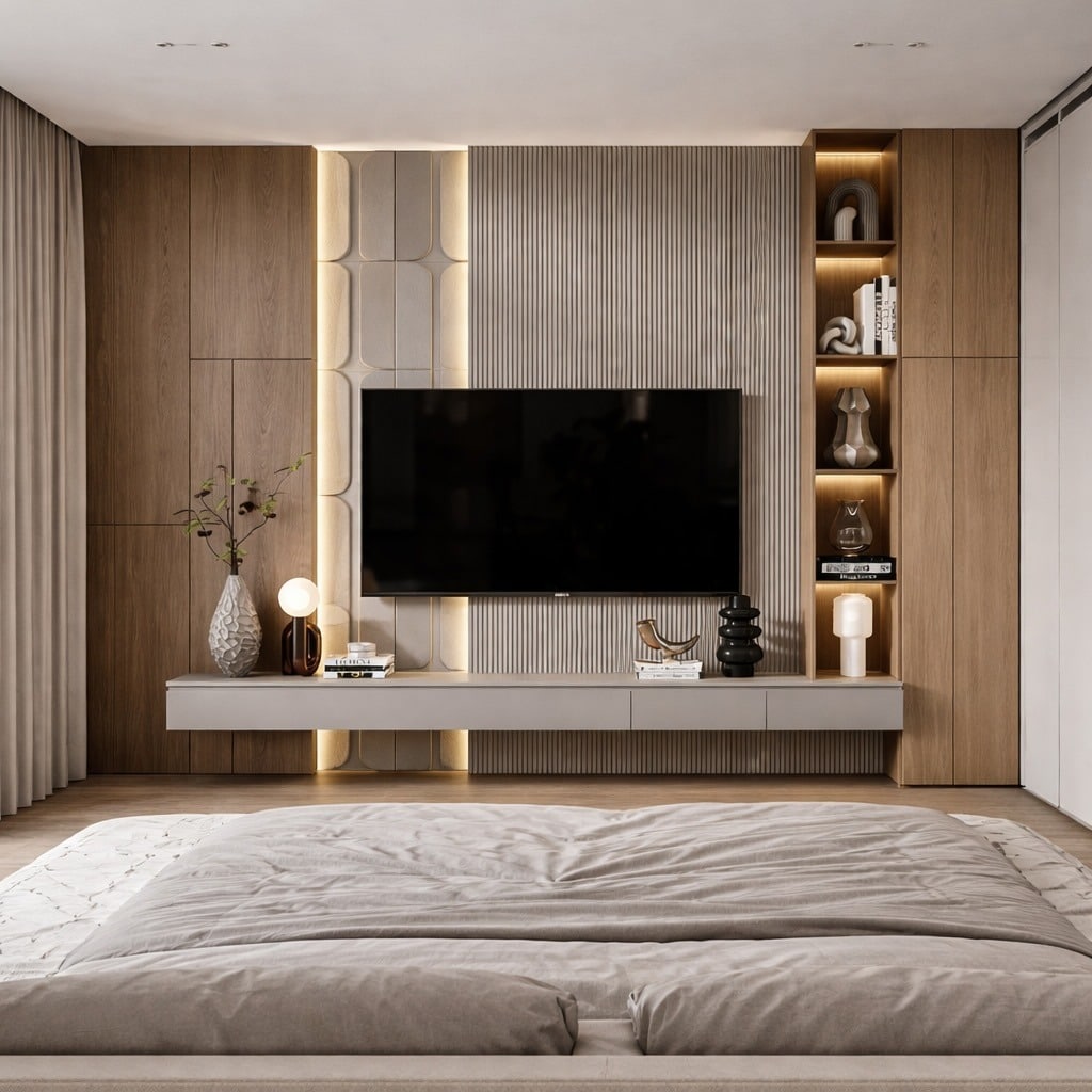 1. Warm Walnut TV Wall with Fluted Panel Accents - tv in bedroom ideas