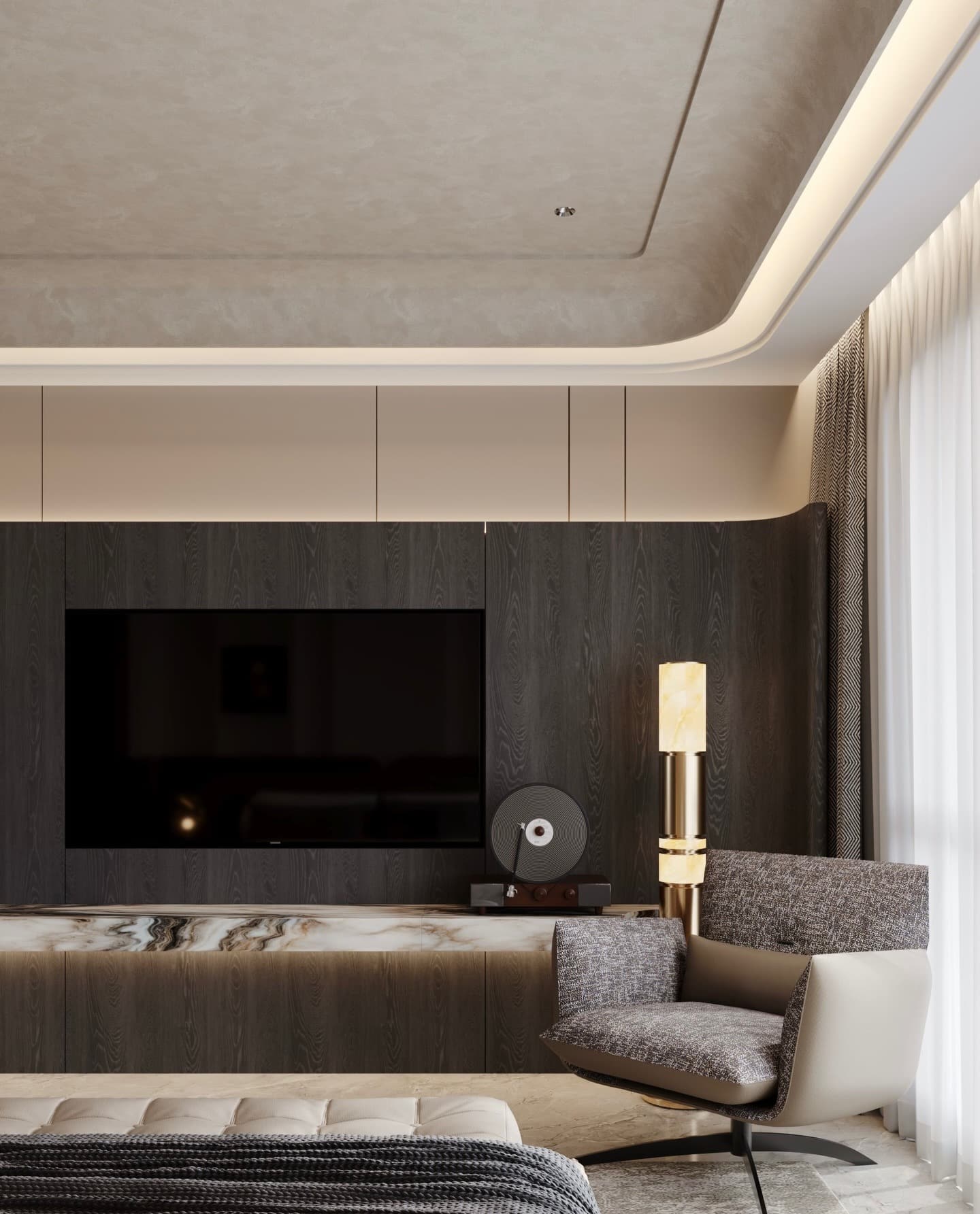 5. Dark Wood TV Feature Wall with Soft Ambient Lighting - tv in bedroom ideas