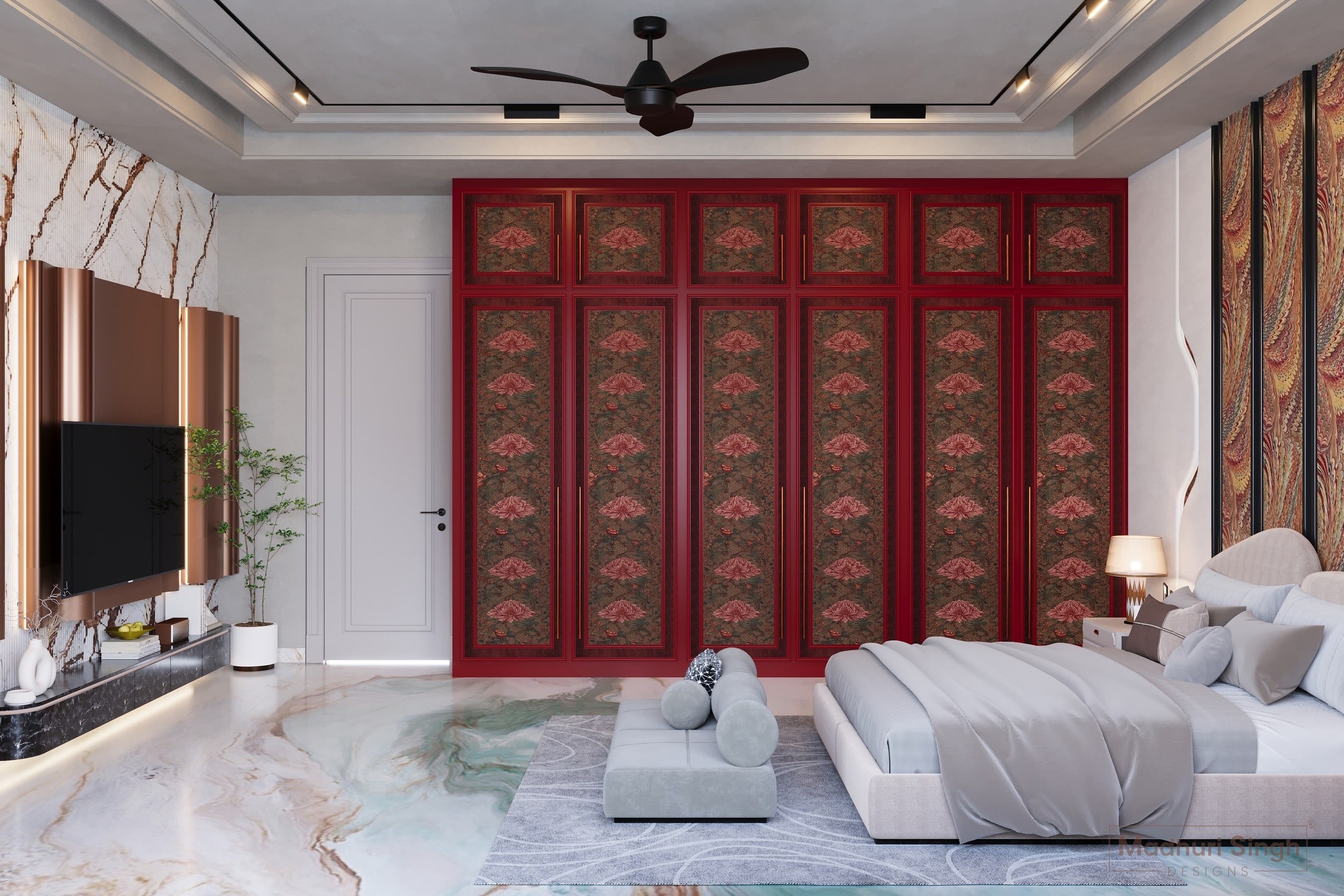 10. Statement Marble TV Wall with Rich Red Wardrobes - tv in bedroom ideas