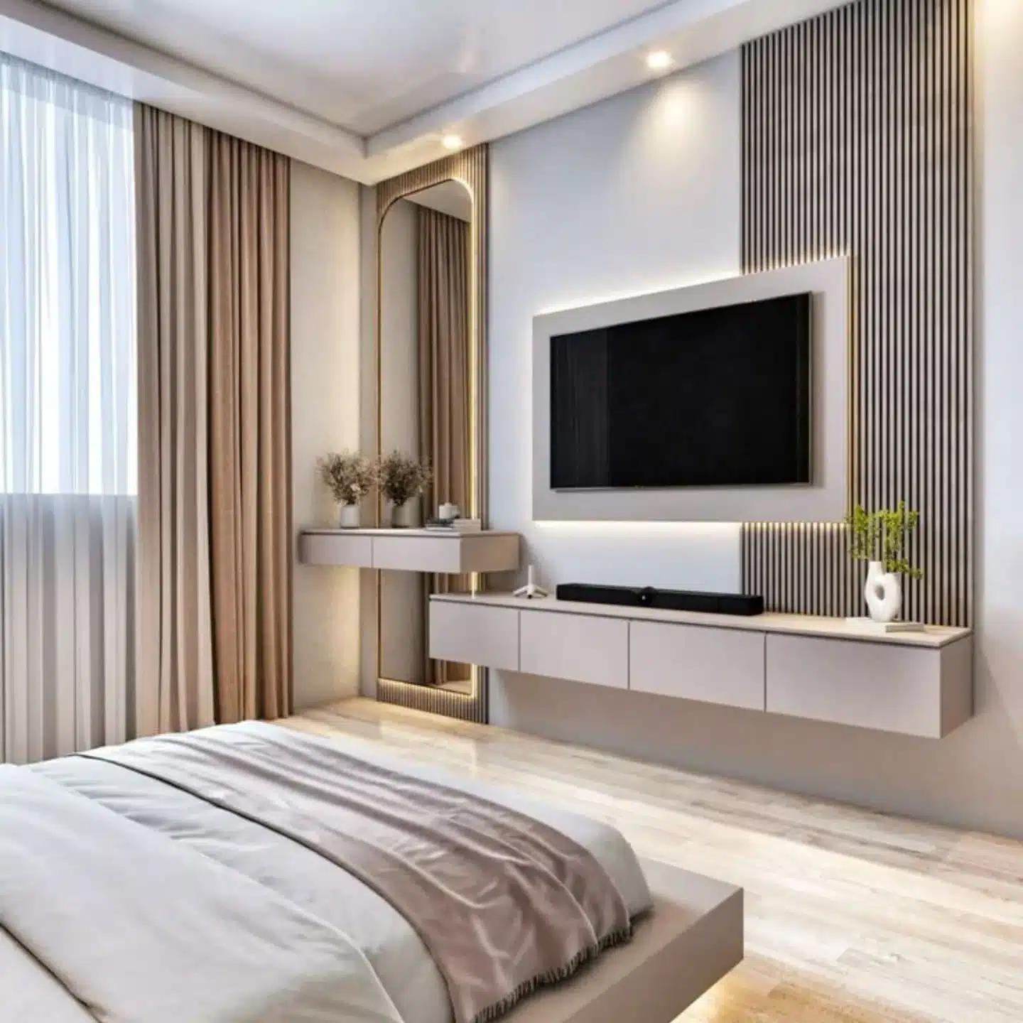 11. Soft Greige TV Wall with Fluted Panel Design - tv in bedroom ideas