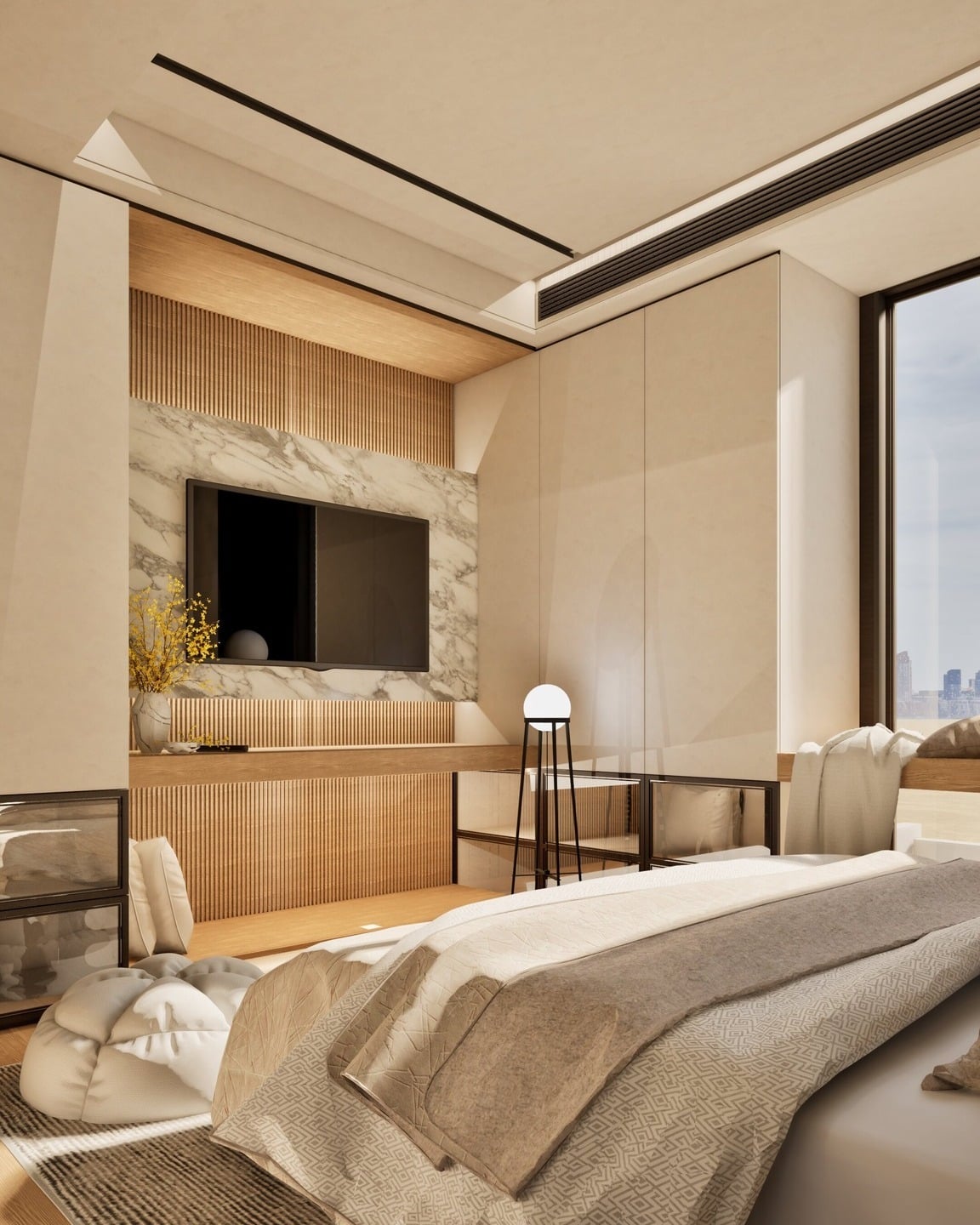 12. Warm Beige TV Wall with Marble Accent Panels - tv in bedroom ideas