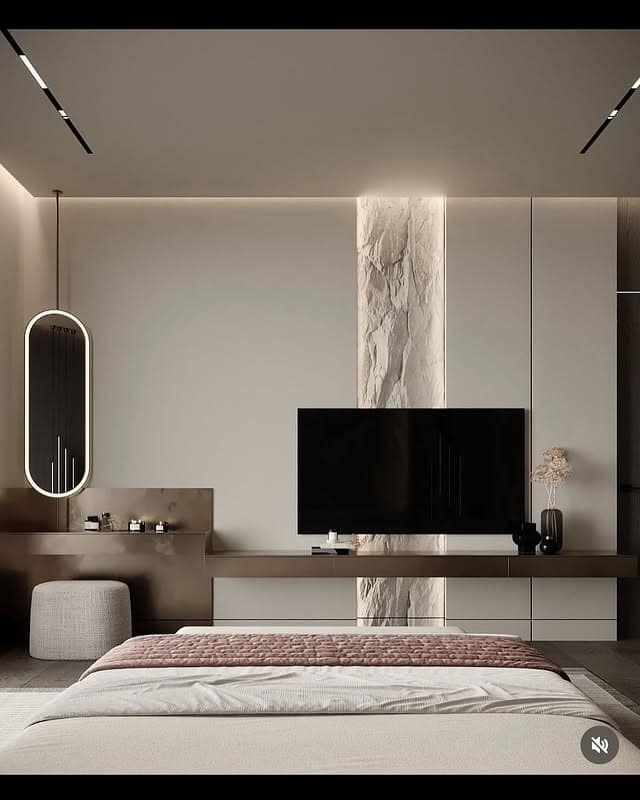15. Minimal Taupe TV Wall with Stone Accent Strip - tv in bedroom ideas