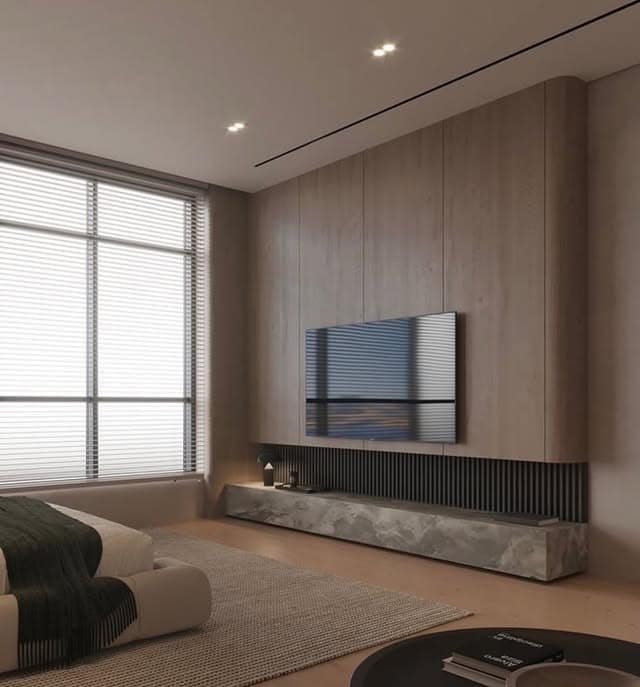 19. Modern Wood TV Wall with Stone Floating Console - tv in bedroom ideas