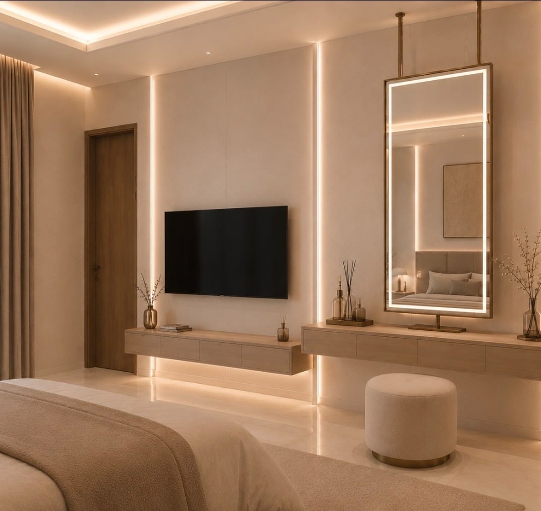 20. Warm Neutral TV Wall with Floating Vanity Design - tv in bedroom ideas