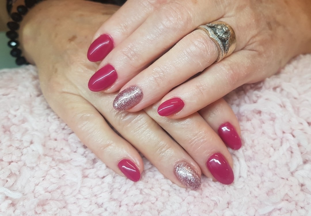 4. Berry Pink Glitter Accent Almond Nails - sparkly nail ideas