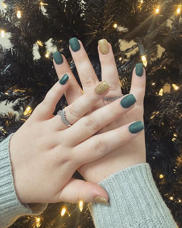 6. Matte Forest Green and Gold Glitter Square Nails - sparkly nail ideas