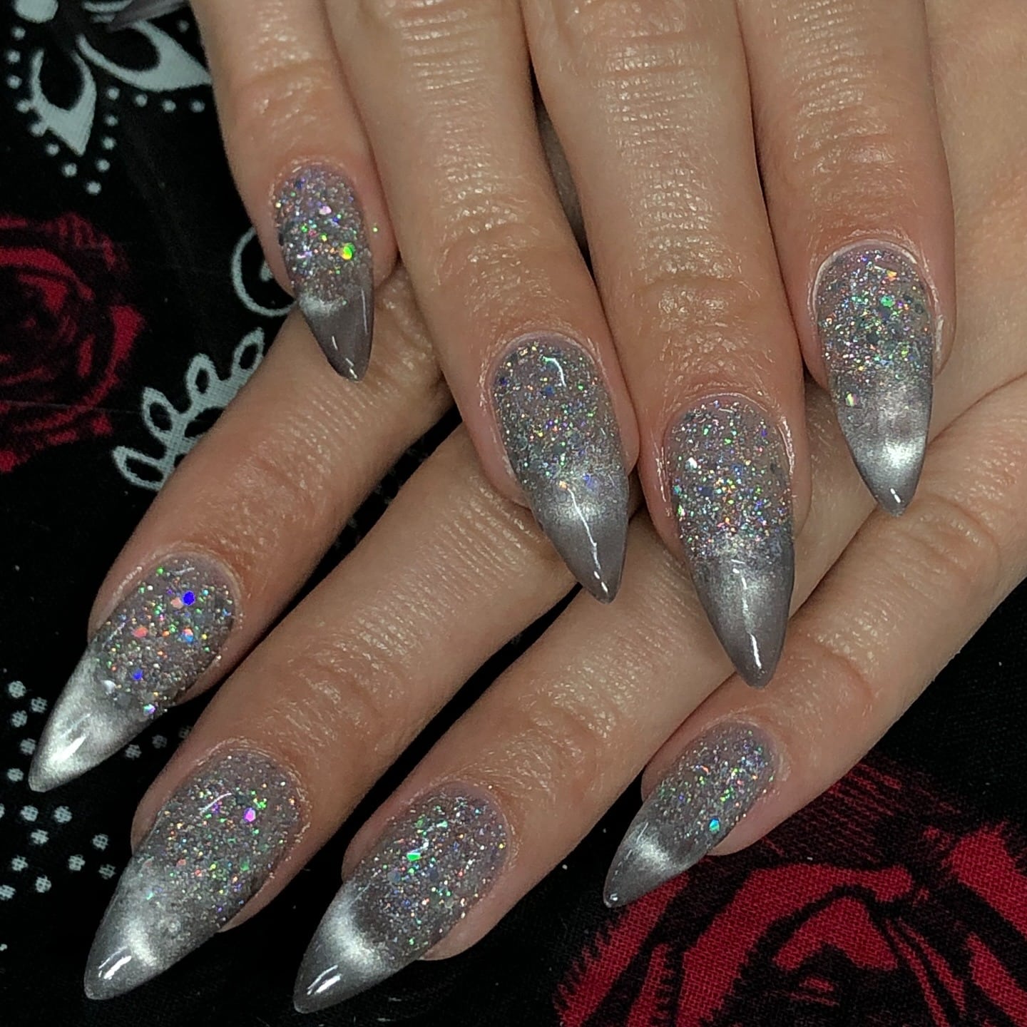 9. Silver Glitter Chrome Ombre Stiletto Nails - sparkly nail ideas