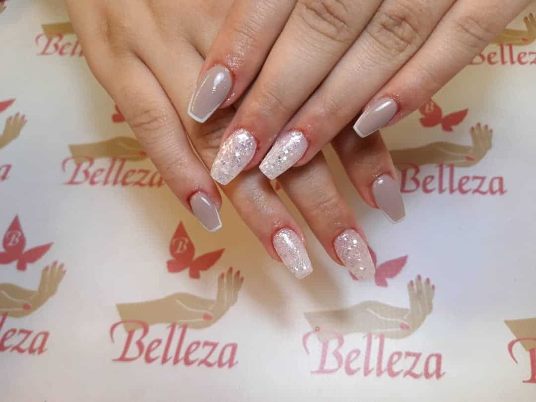 12. Taupe and White Glitter Square Nails - sparkly nail ideas