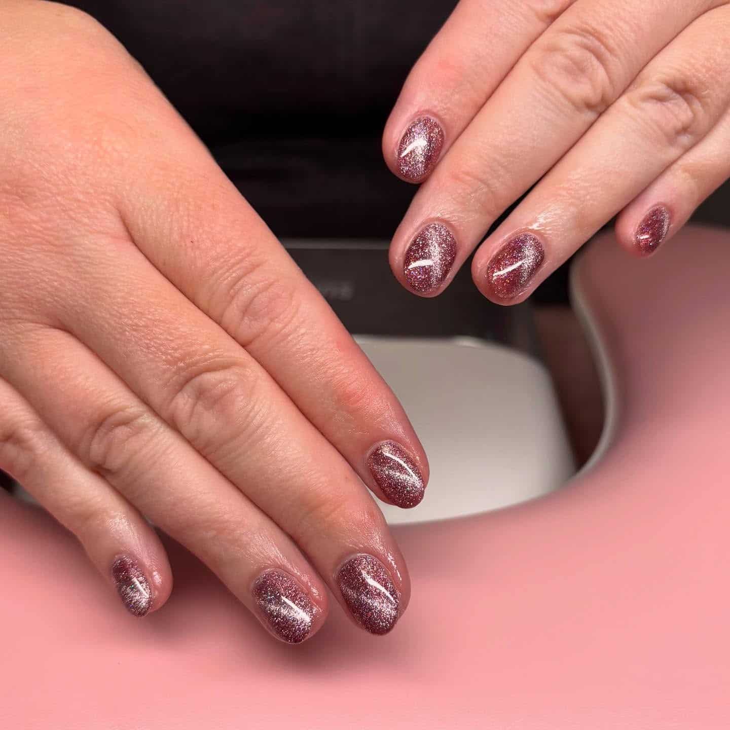 18. Mauve Glitter Short Oval Nails - sparkly nail ideas