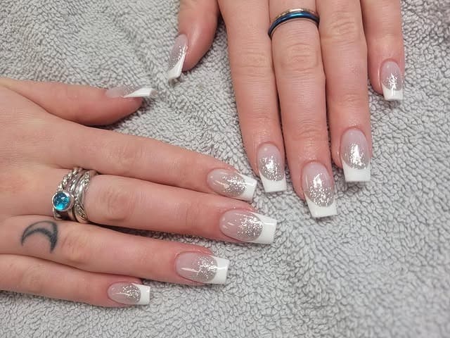 19. Silver Glitter French Square Nails - sparkly nail ideas