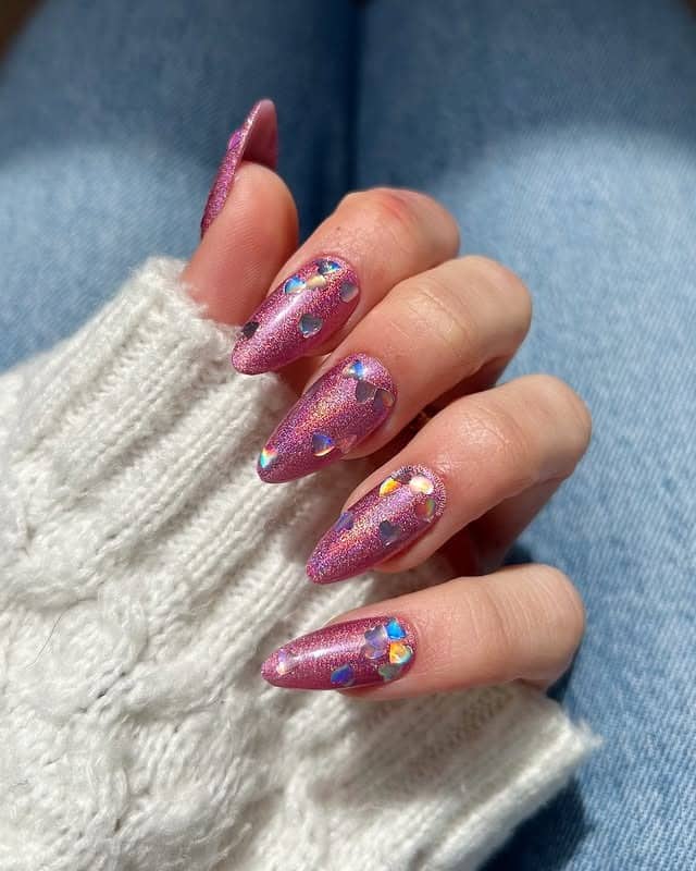 20. Pink Chrome Glitter Butterfly Almond Nails - sparkly nail ideas