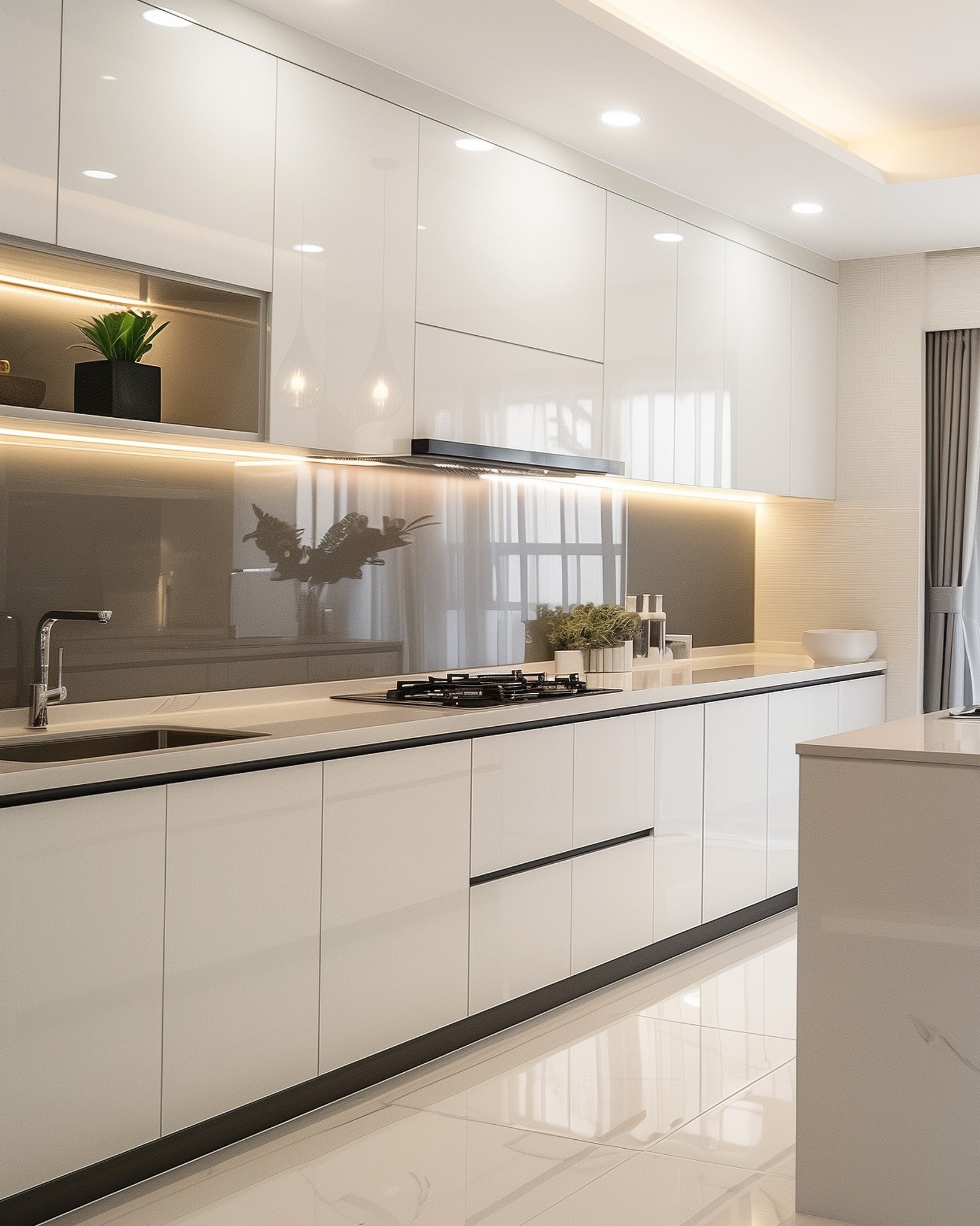 2. Glossy White Handleless Kitchen with Soft Gray Accents - light color kitchen ideas