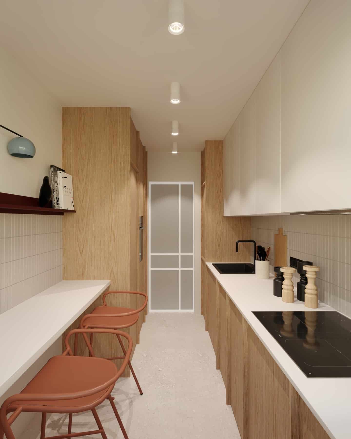 4. Light Oak and White Minimalist Galley Kitchen - light color kitchen ideas