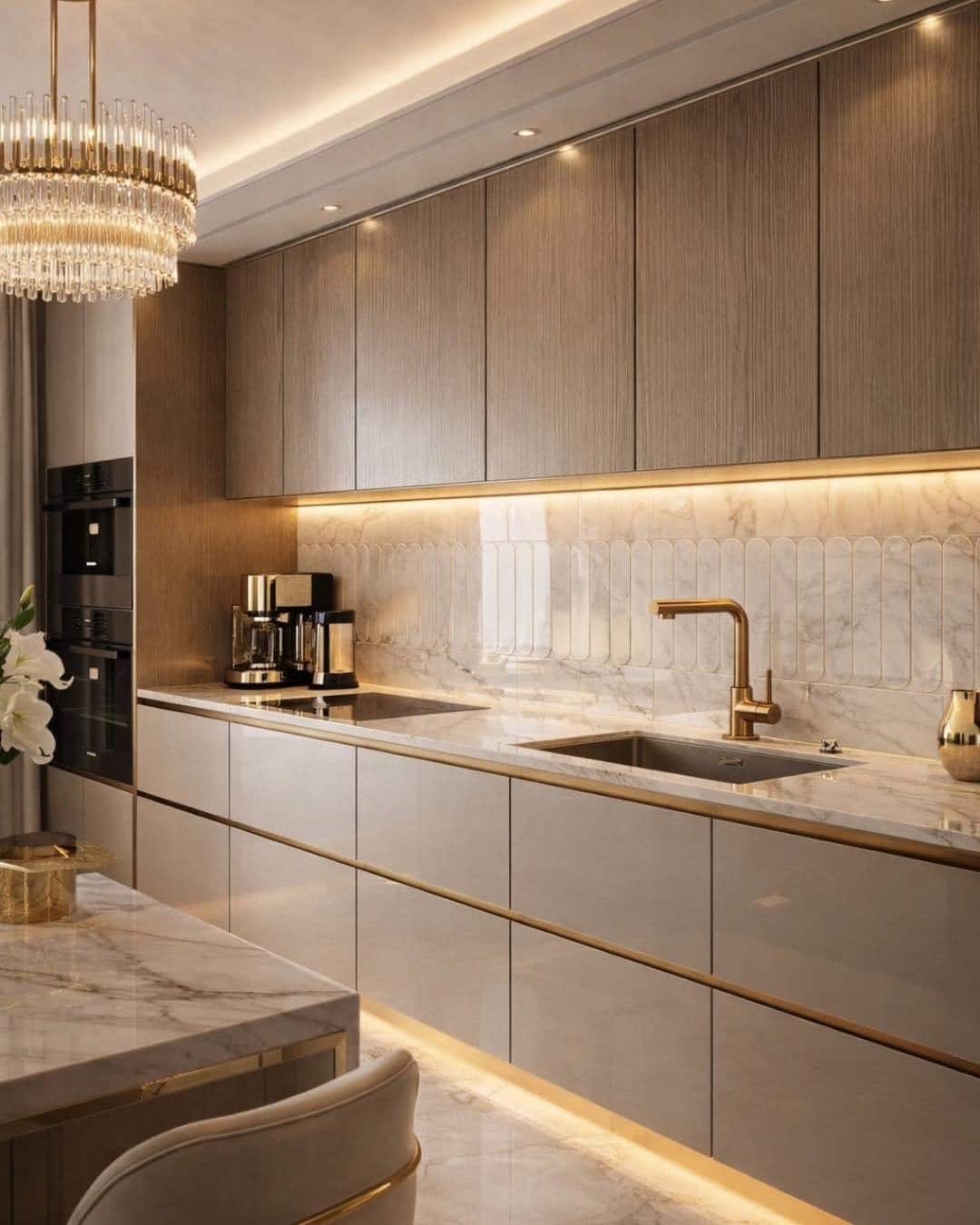 5. Warm Taupe and Wood Kitchen with Marble Backsplash - light color kitchen ideas