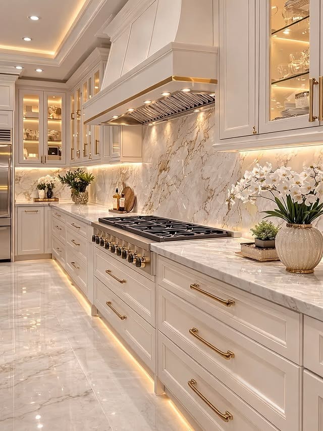 6. Elegant White Traditional Kitchen with Gold Hardware - light color kitchen ideas