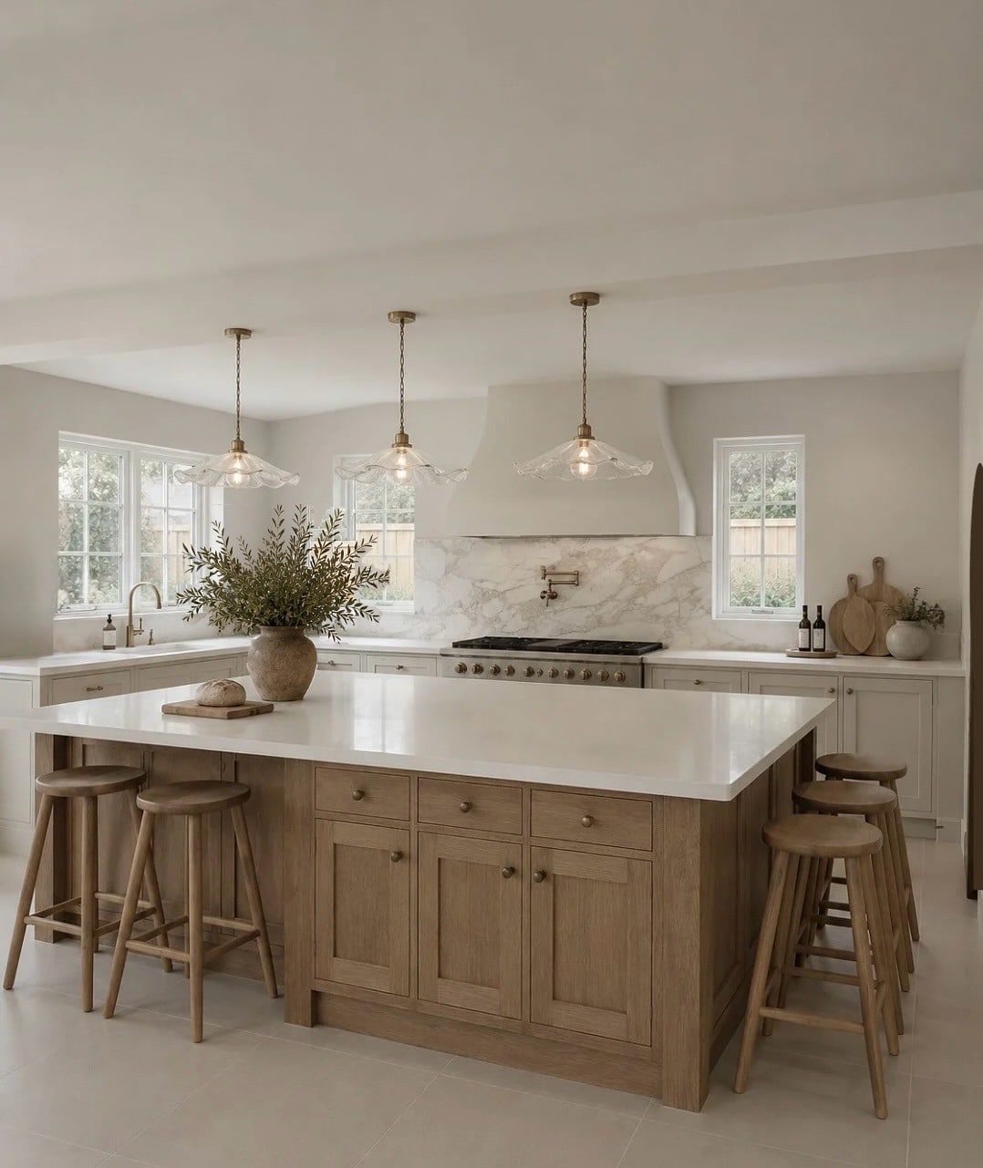 8. Natural Wood Island Kitchen with Soft White Cabinets - light color kitchen ideas