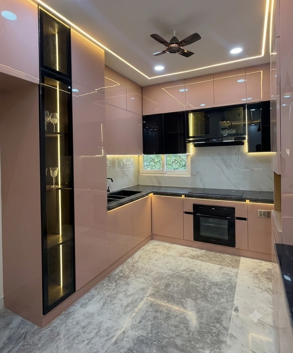 10. Blush Pink Gloss Kitchen with Black Accents - light color kitchen ideas