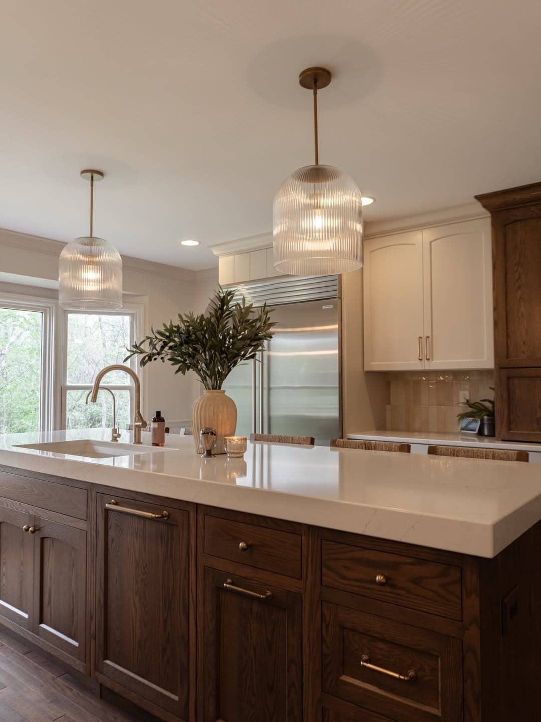 13. Rich Walnut and Cream Kitchen with White Quartz Island - light color kitchen ideas