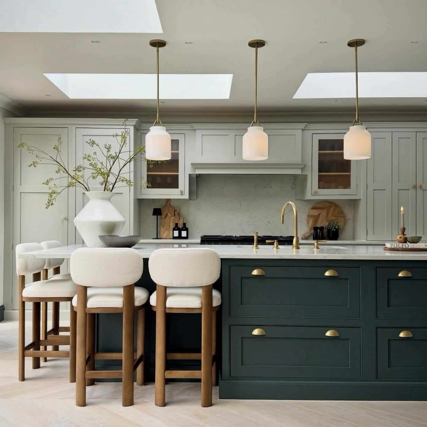 14. Soft White Kitchen with Deep Green Island Cabinets - light color kitchen ideas
