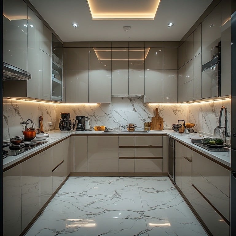 15. Glossy Taupe Modern Kitchen with Marble Walls - light color kitchen ideas