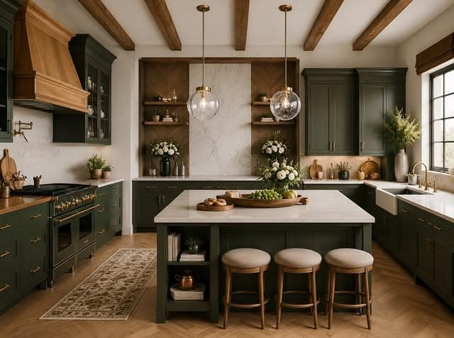 16. Forest Green Kitchen with Natural Wood Accents - light color kitchen ideas
