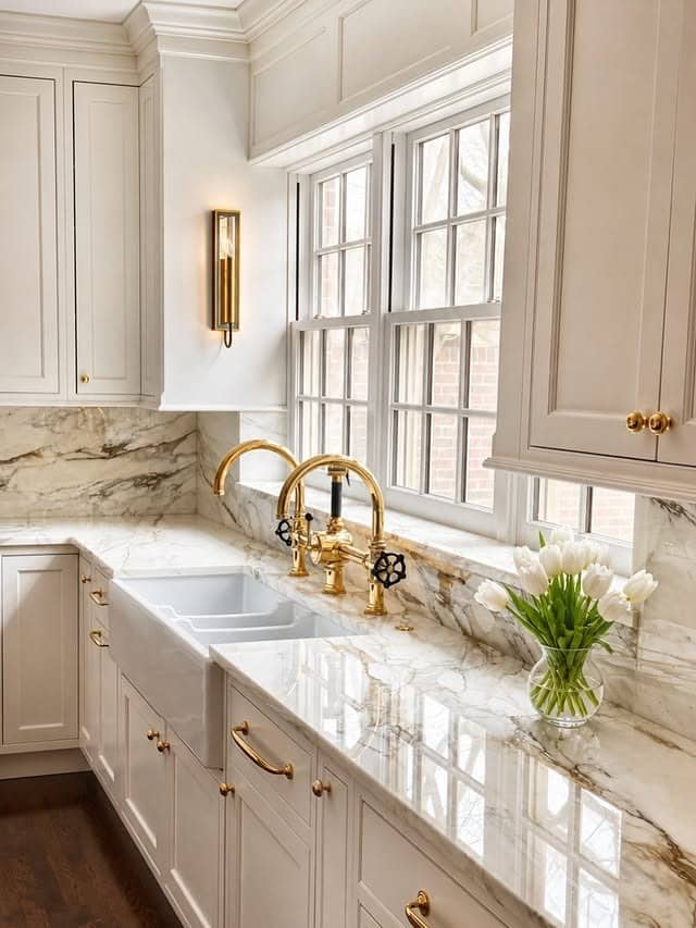 19. Classic Cream Kitchen with Marble Backsplash and Brass Fixtures - light color kitchen ideas