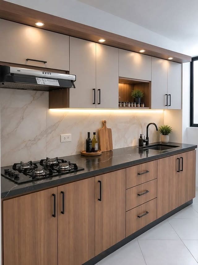 21. Light Beige and Natural Wood Kitchen with Black Countertops - light color kitchen ideas