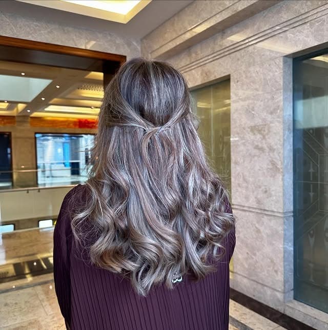 18. Half-Up Curls with Ash Violet Highlights - Ash Violet Hair Color